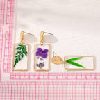 Real Dried Leaf and Flower Earrings, Rectangle Botanical Dangles, Gift for Plant Lovers
