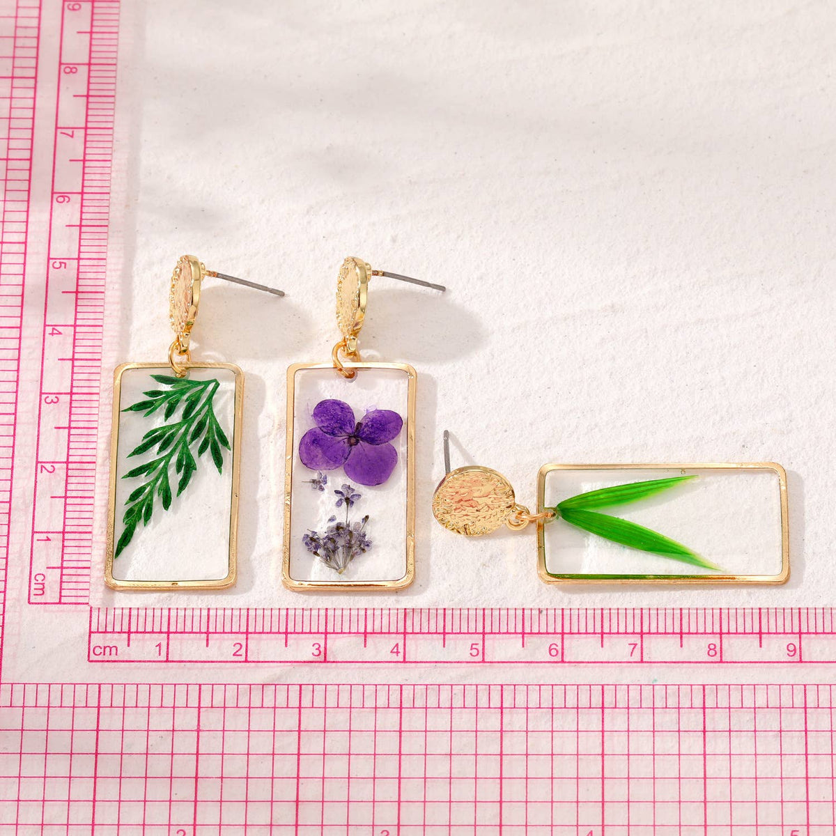 Real Dried Leaf and Flower Earrings, Rectangle Botanical Dangles, Gift for Plant Lovers