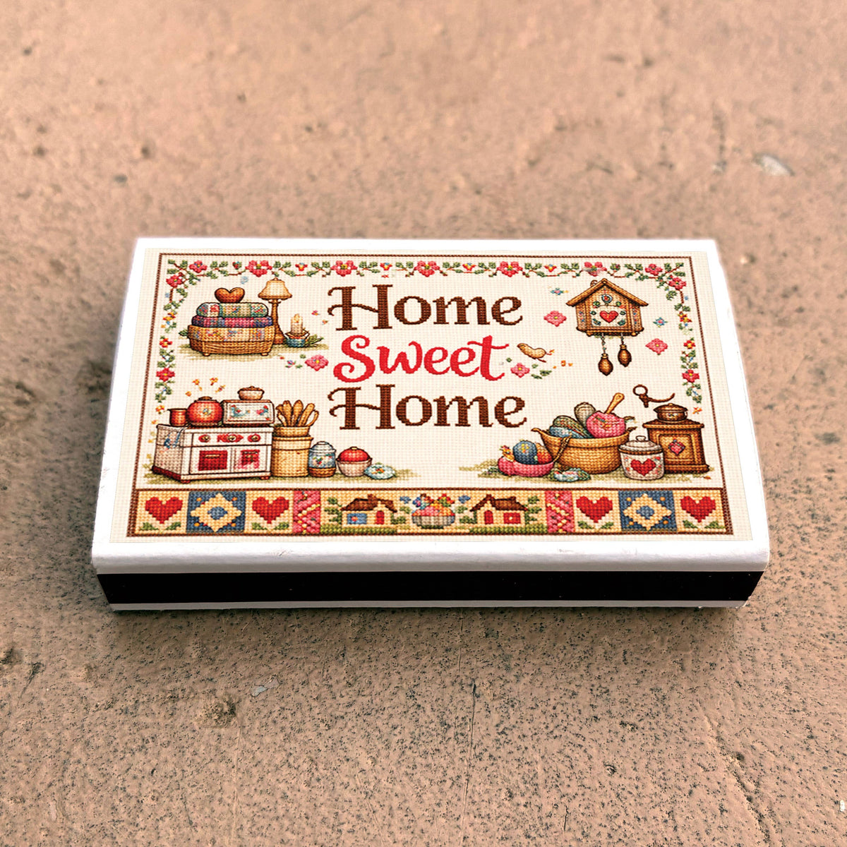 Home Sweet Home Cross-Stitch Matchbook, Rustic Cottage Decor Accessory