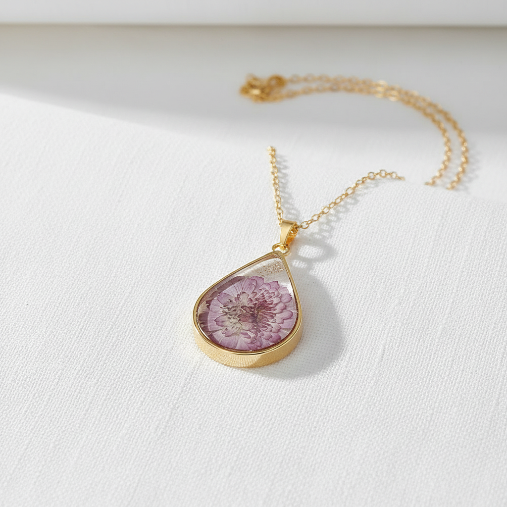 Teardrop Handmade Preserved Floral Specimen Pendant Necklace, Botanical Resin Jewelry, Gift for Her