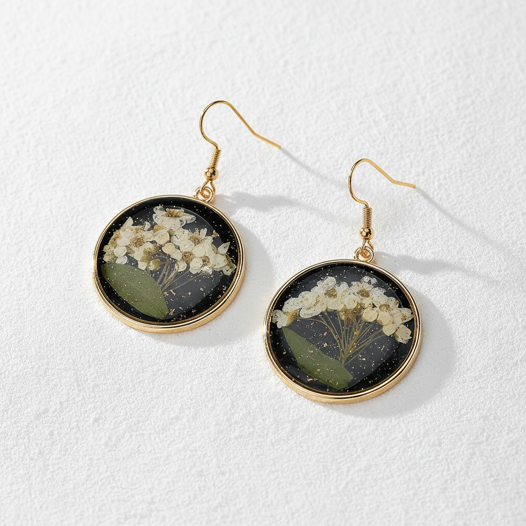 Black Round Preserved Dried Flower Drop Earrings, Botanical Earrings, Floral Jewelry, Gift for Her