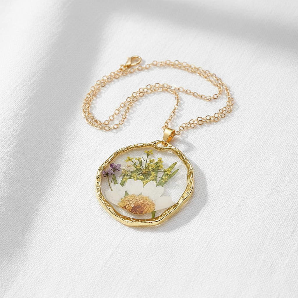 Colorful Preserved Daisy Pendant Necklace, Real Dried Flower Resin Jewelry, Botanical Nature Inspired Gift for Her