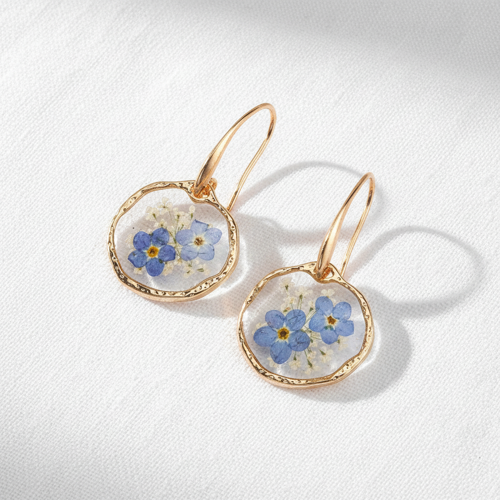 Blue Dried Flower Resin Earrings, Botanical Floral Dangle Earrings, Nature Inspired Gift for Her