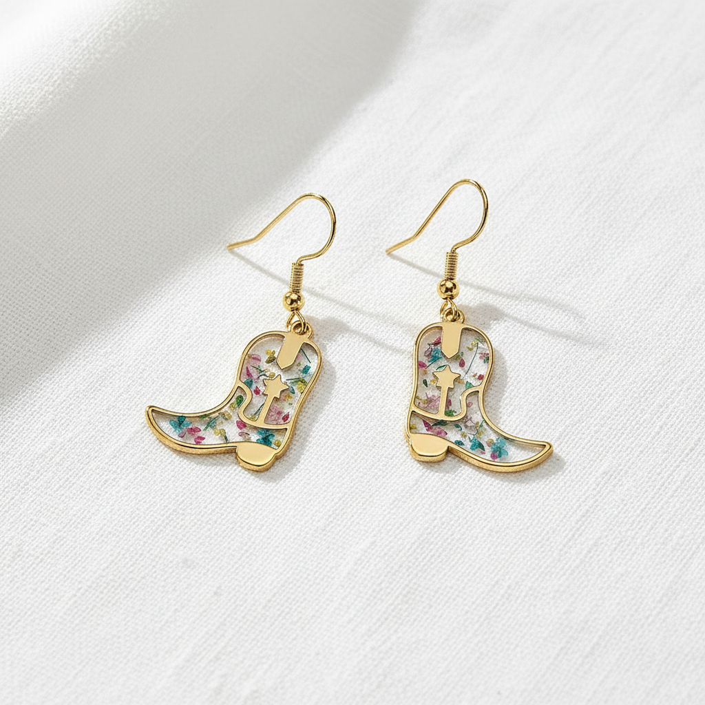Dried Flower Cowboy Boot Dangle Earrings, Western Floral Earrings, Botanical Resin Jewelry, Cowgirl Gift for Her