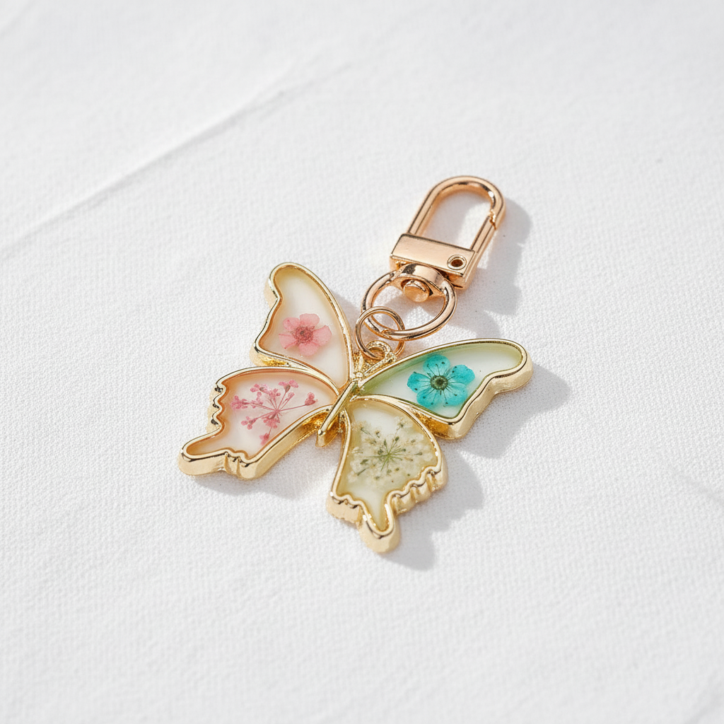 Butterfly Botanical Keychain Charm, Floral Resin Bag Accessory, Nature Inspired Gift for Her
