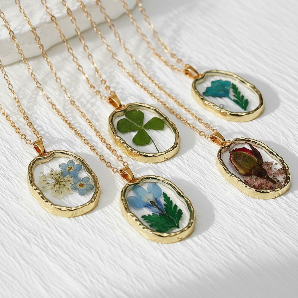 Preserved Botanical Oval Necklace, Real Dried Flower Resin Pendant, Nature Inspired Floral Jewelry, Gift for Her