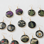Black Round Preserved Dried Flower Drop Earrings, Botanical Earrings, Floral Jewelry, Gift for Her
