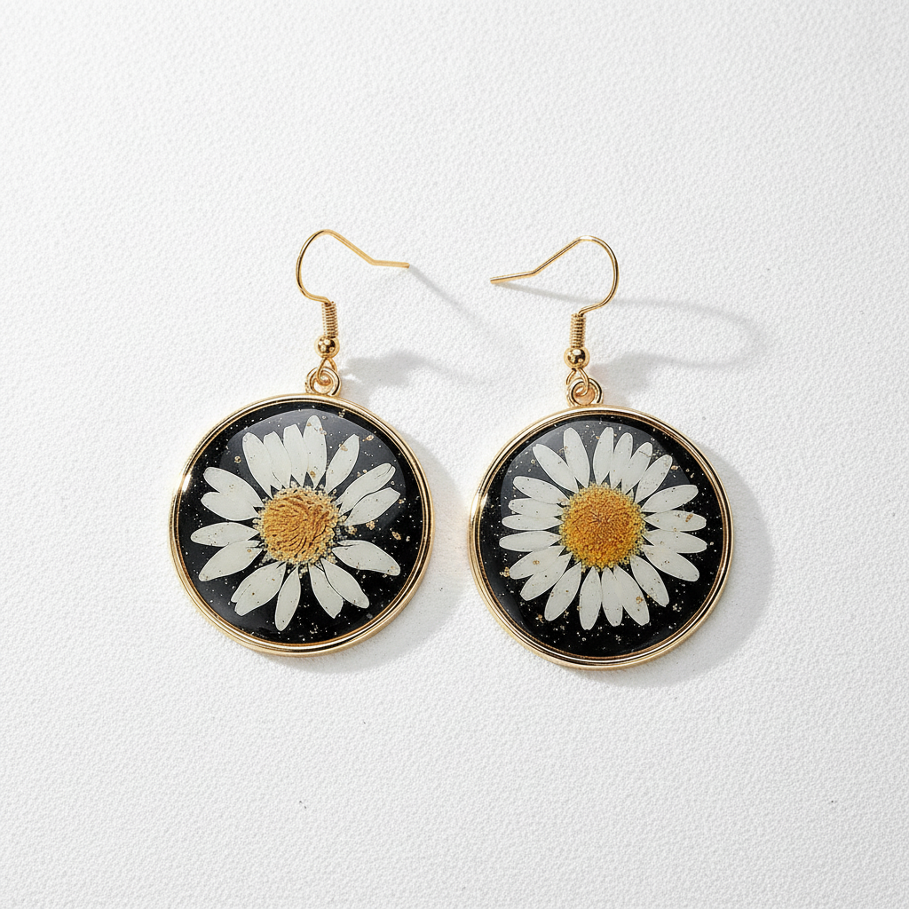 Black Round Preserved Dried Flower Drop Earrings, Botanical Earrings, Floral Jewelry, Gift for Her