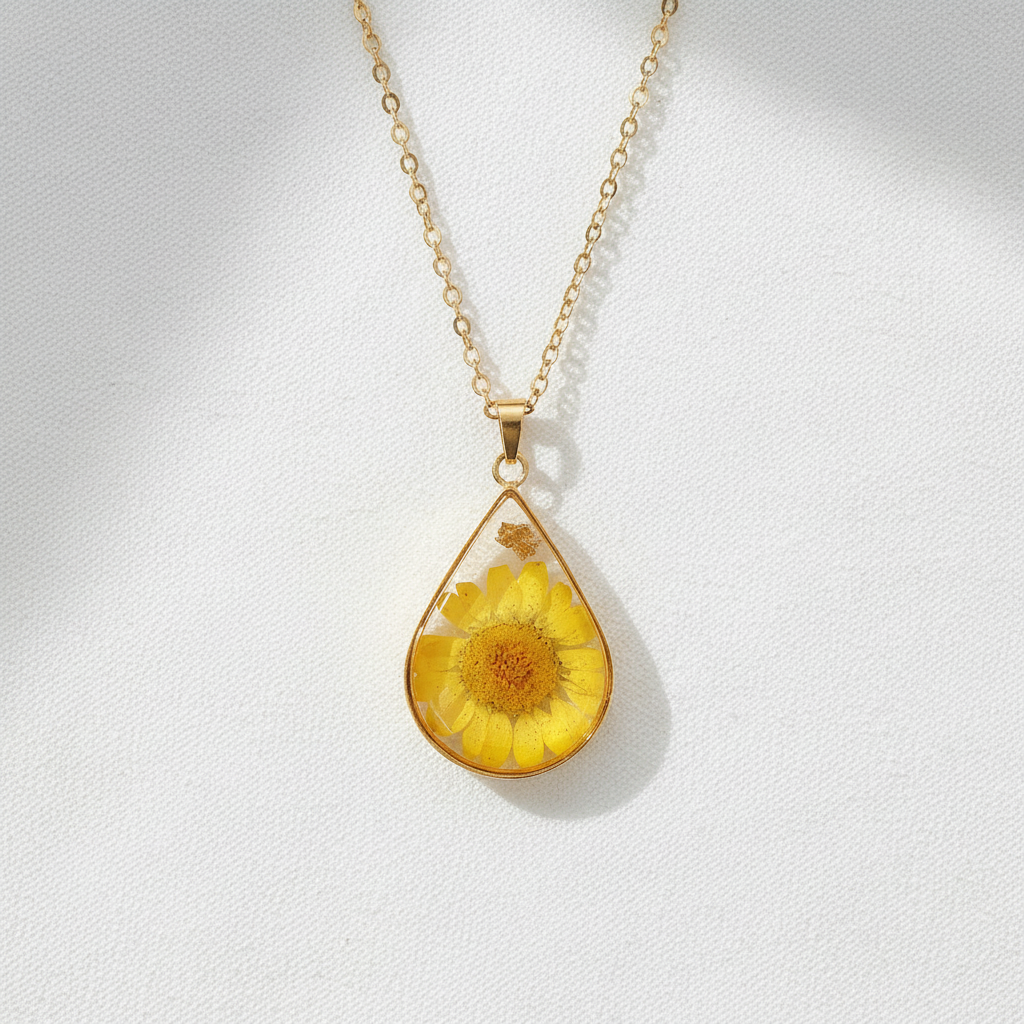 Teardrop Handmade Preserved Floral Specimen Pendant Necklace, Botanical Resin Jewelry, Gift for Her