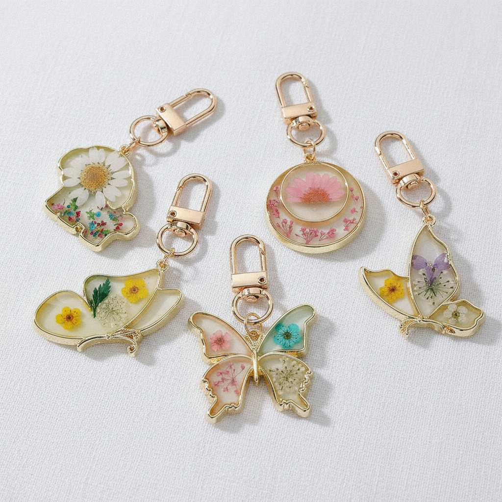 Butterfly Botanical Keychain Charm, Floral Resin Bag Accessory, Nature Inspired Gift for Her