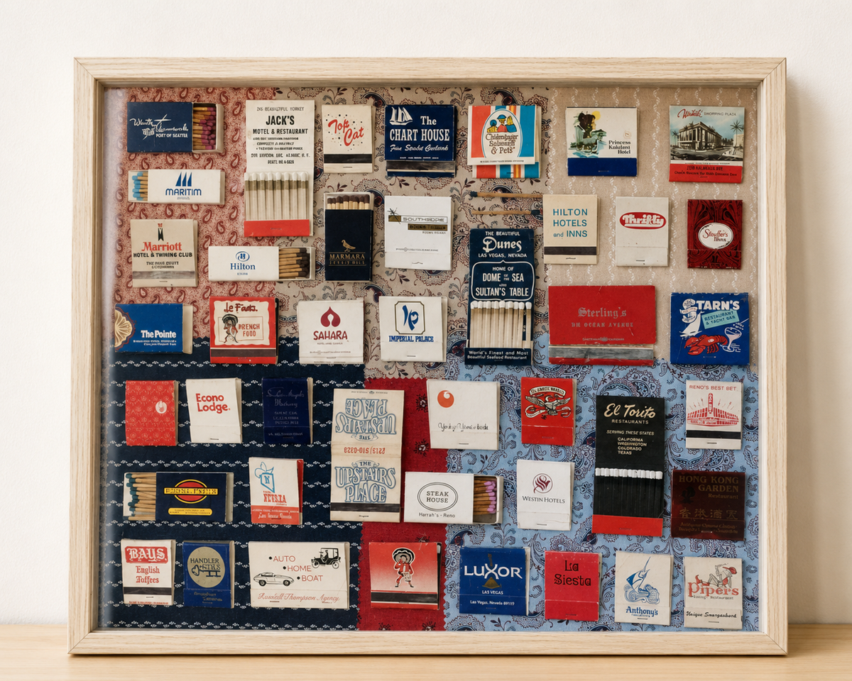 Vintage Americana Matchbook Art Display: Red, White, Blue Light Wood Frame