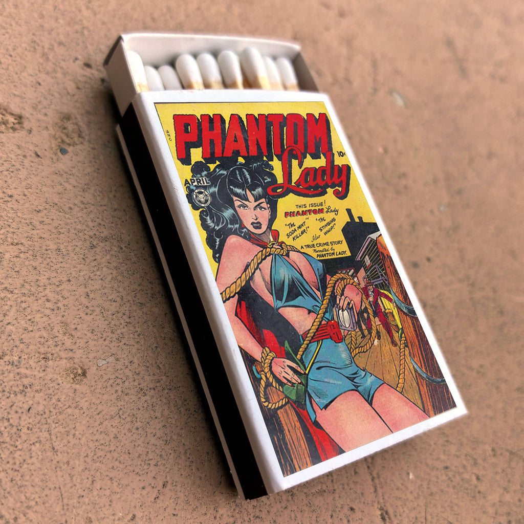 Phantom Lady Comic Matchbox – Vintage Superhero Matches, Retro Pulp Art, Comic Book Gift