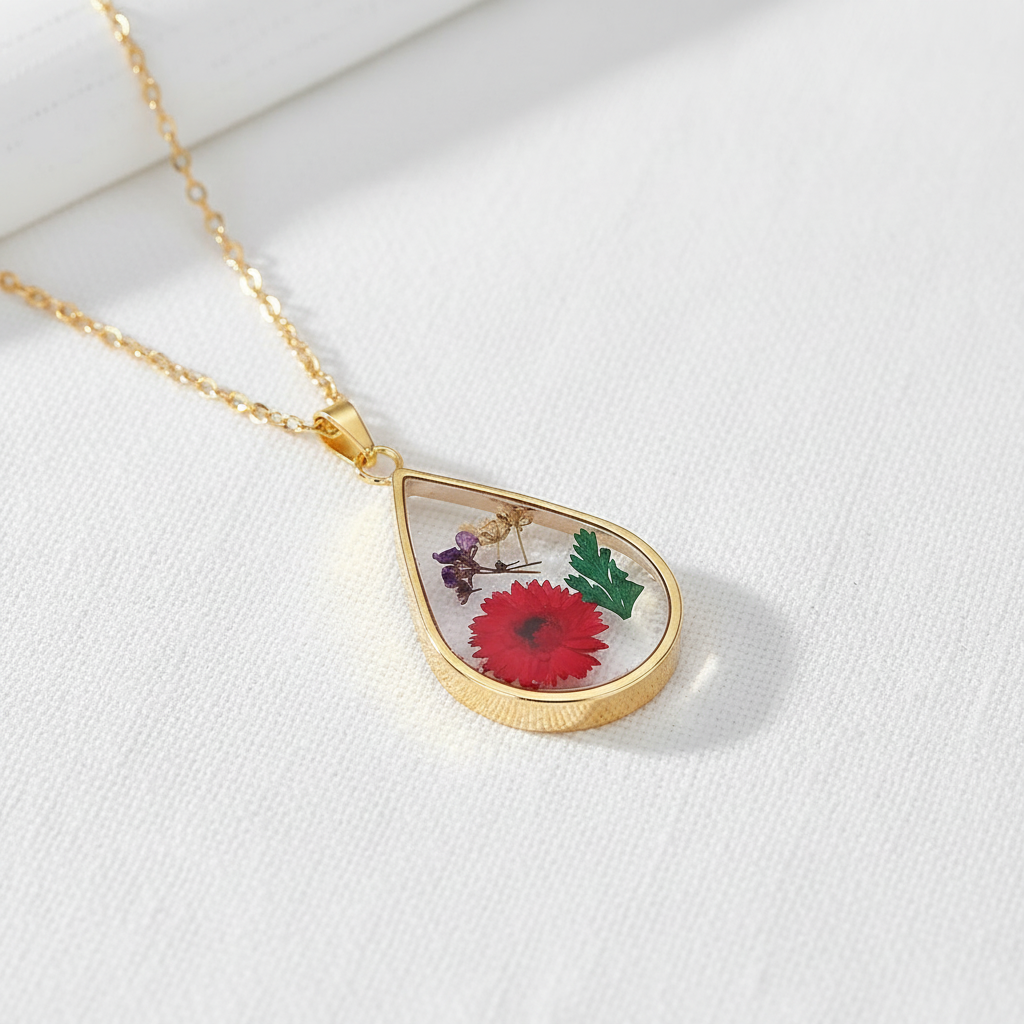 Teardrop Handmade Preserved Floral Specimen Pendant Necklace, Botanical Resin Jewelry, Gift for Her