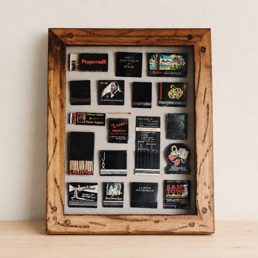 Black Vintage Matchbook One of a Kind Home Decor with Rustic Frame