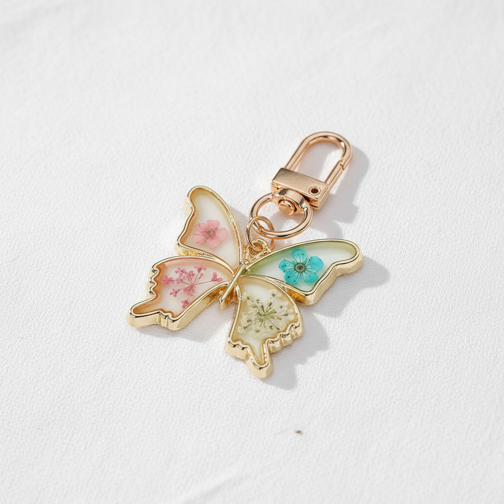 Butterfly Botanical Keychain Charm, Floral Resin Bag Accessory, Nature Inspired Gift for Her