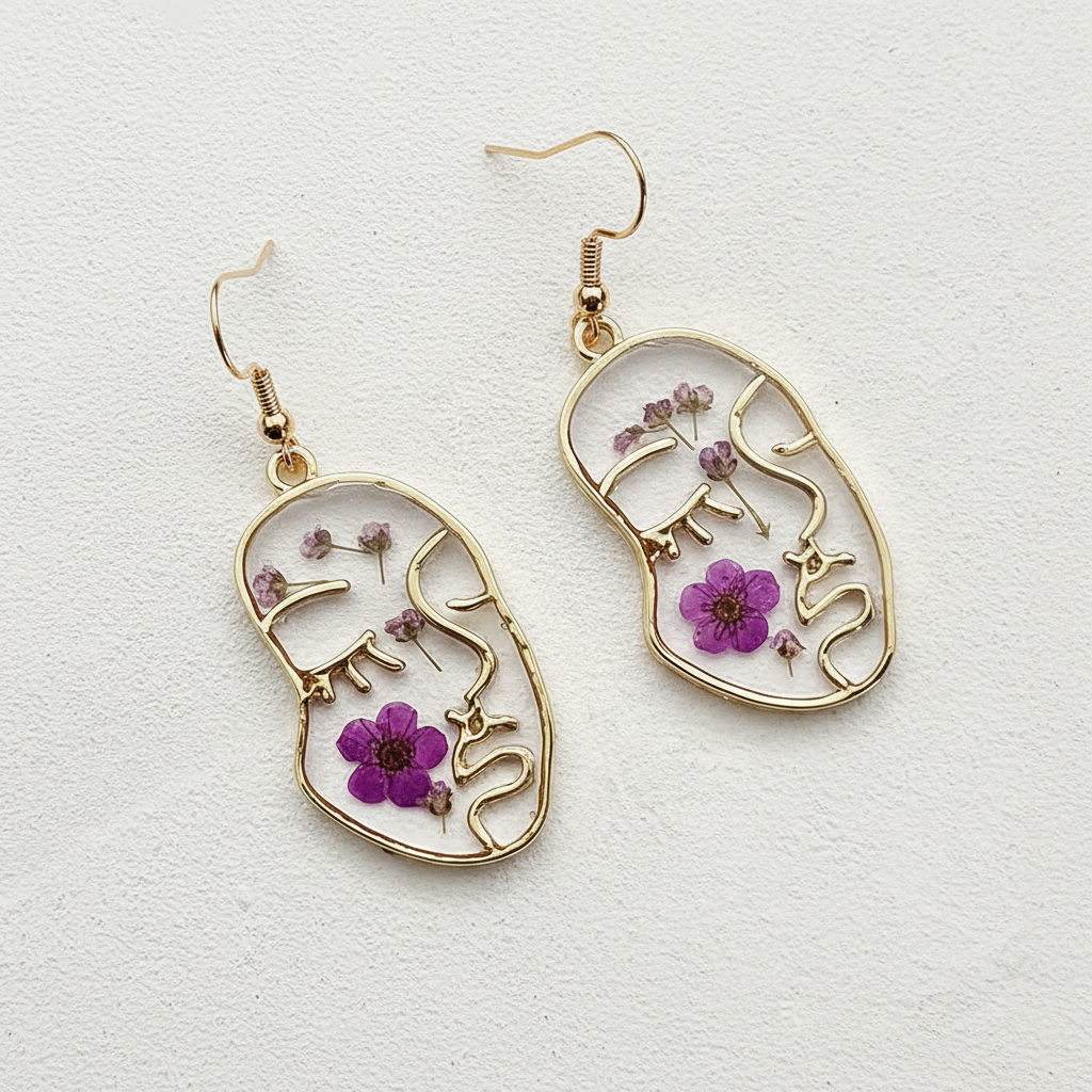 Face Silhouette Drop Earrings, Botanical Resin Earrings, Dried Flower Nature Jewelry
