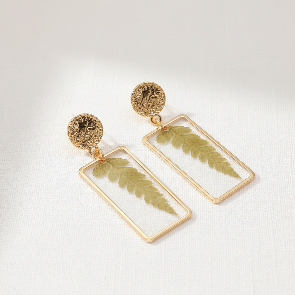 Real Dried Leaf and Flower Earrings, Rectangle Botanical Dangles, Gift for Plant Lovers