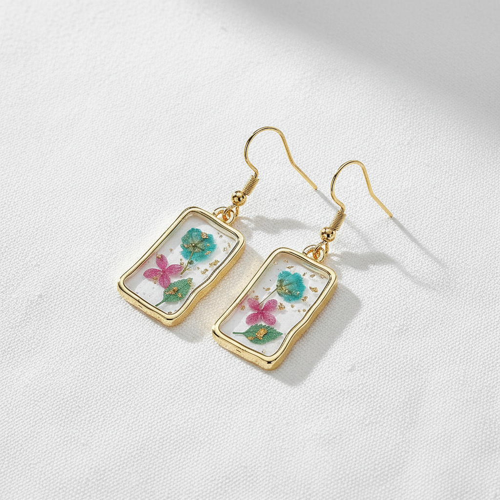 Assorted Botanical Print Geometric Rectangle Drop Earrings, Floral Dangles, Nature Inspired Gift for Her