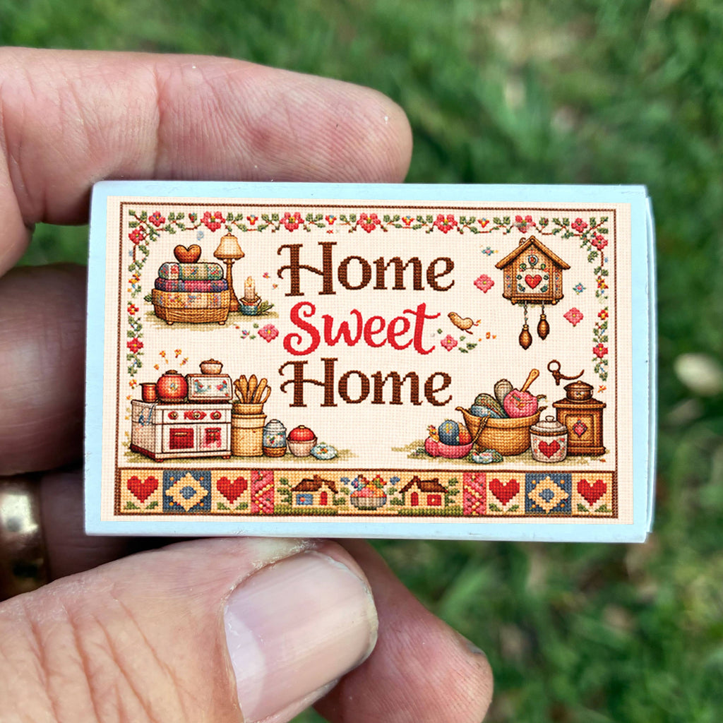 Home Sweet Home Cross-Stitch Matchbook, Rustic Cottage Decor Accessory