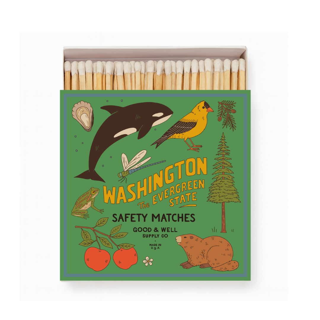Washington State Safety Matches | Illustrated State Matchbox | Pacific Northwest Gift | Candle Matches | Made in USA