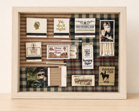 Vintage Plaid One of a Kind Matchbook Home Decor with Light Wood Frame