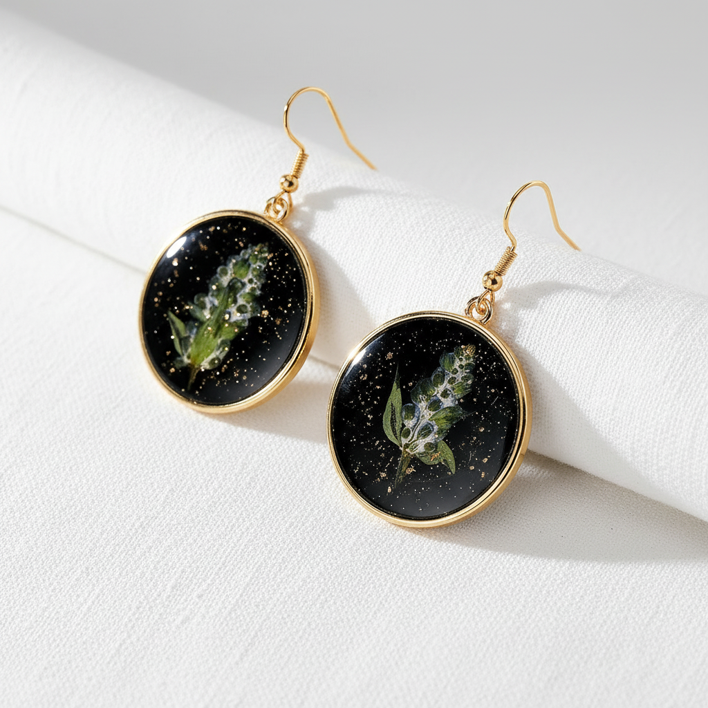Black Round Preserved Dried Flower Drop Earrings, Botanical Earrings, Floral Jewelry, Gift for Her