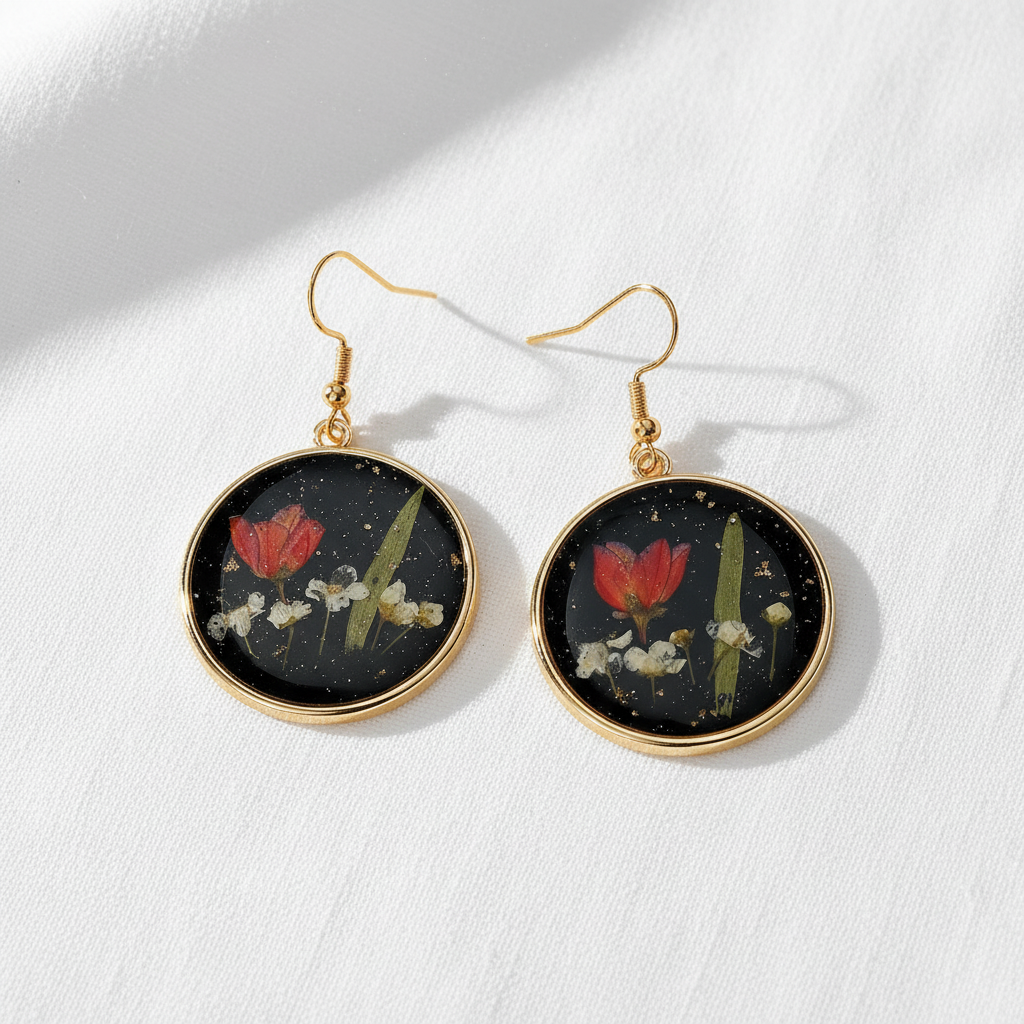 Black Round Preserved Dried Flower Drop Earrings, Botanical Earrings, Floral Jewelry, Gift for Her