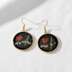 Black Round Preserved Dried Flower Drop Earrings, Botanical Earrings, Floral Jewelry, Gift for Her