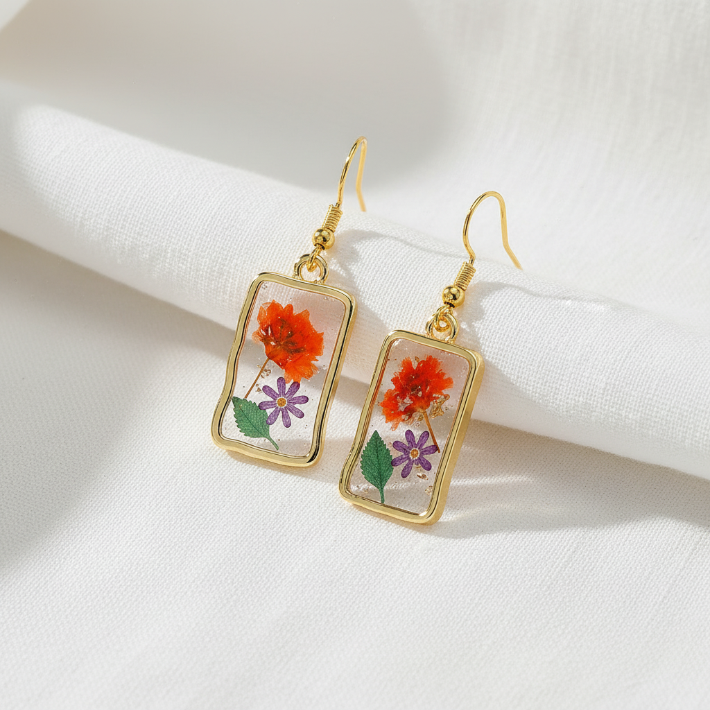 Assorted Botanical Print Geometric Rectangle Drop Earrings, Floral Dangles, Nature Inspired Gift for Her