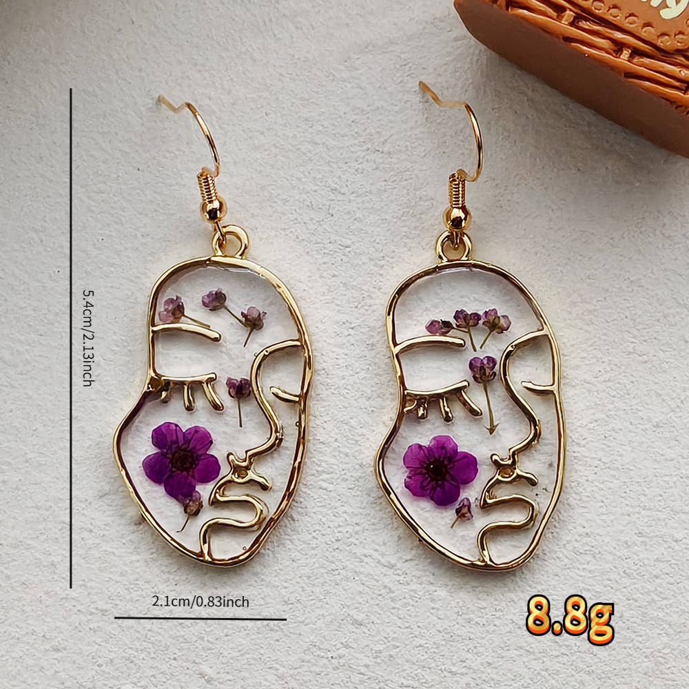 Face Silhouette Drop Earrings, Botanical Resin Earrings, Dried Flower Nature Jewelry
