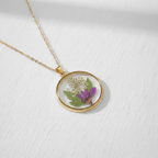 Real Dried Flower Disc Necklace, Botanical Resin Pendant Jewelry, Nature Inspired Gift for Her