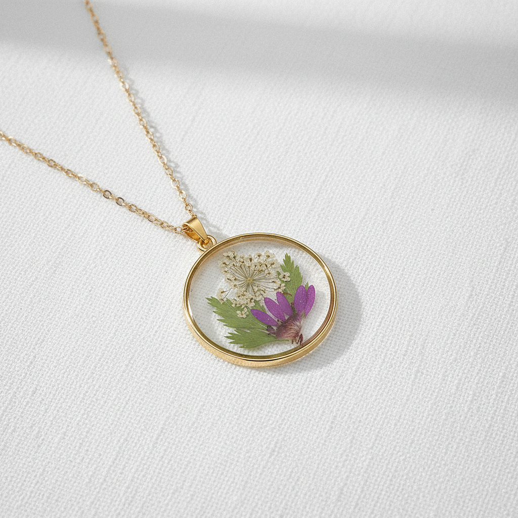 Real Dried Flower Disc Necklace, Botanical Resin Pendant Jewelry, Nature Inspired Gift for Her