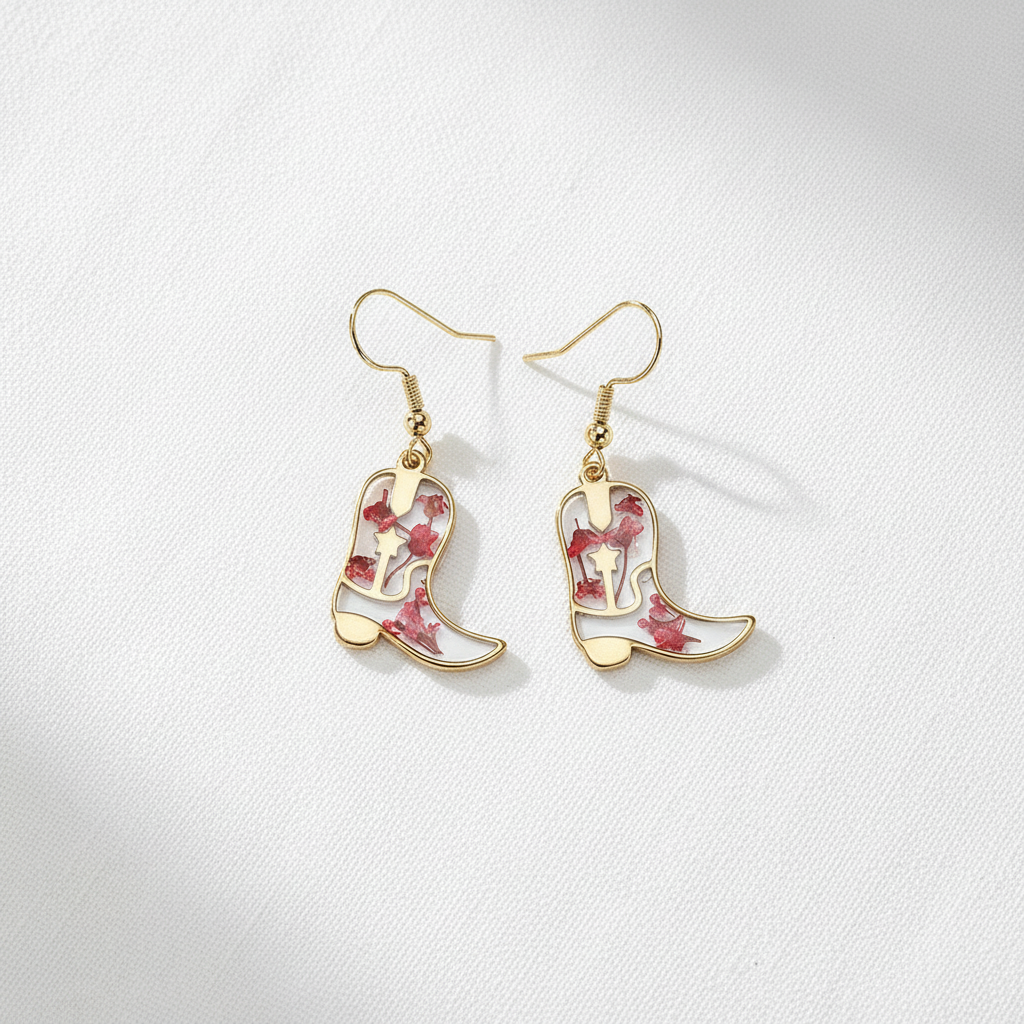 Dried Flower Cowboy Boot Dangle Earrings, Western Floral Earrings, Botanical Resin Jewelry, Cowgirl Gift for Her