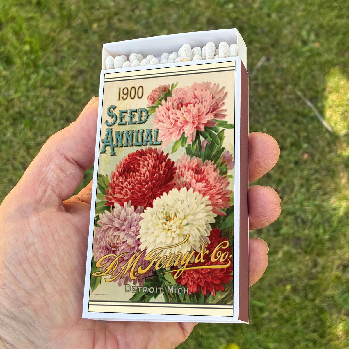Large Vintage Flower Seed Packet Matchbox – 4-Inch Long Candle Matches, Botanical Garden Décor, Gardener Gift