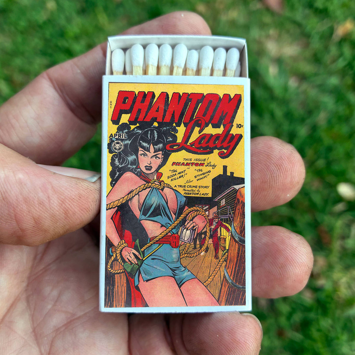 Phantom Lady Comic Matchbox – Vintage Superhero Matches, Retro Pulp Art, Comic Book Gift