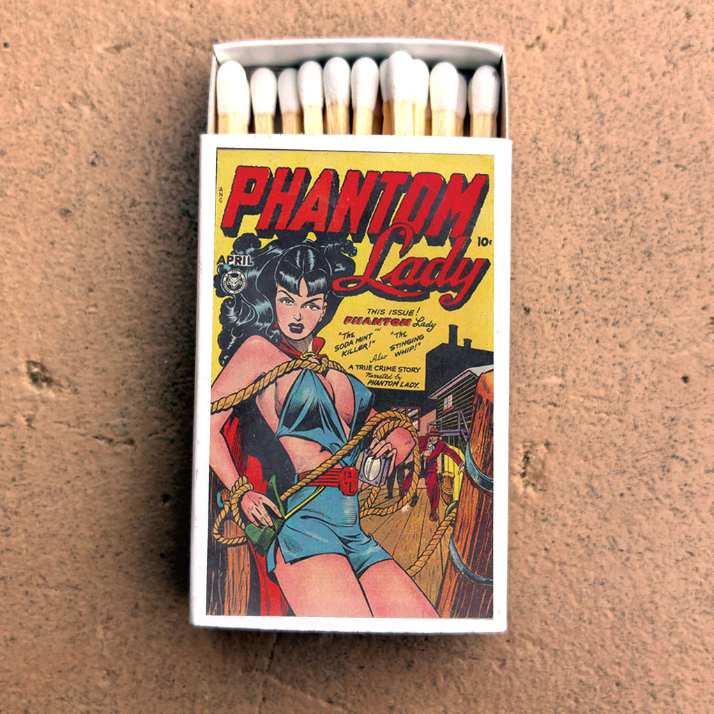 Phantom Lady Comic Matchbox – Vintage Superhero Matches, Retro Pulp Art, Comic Book Gift