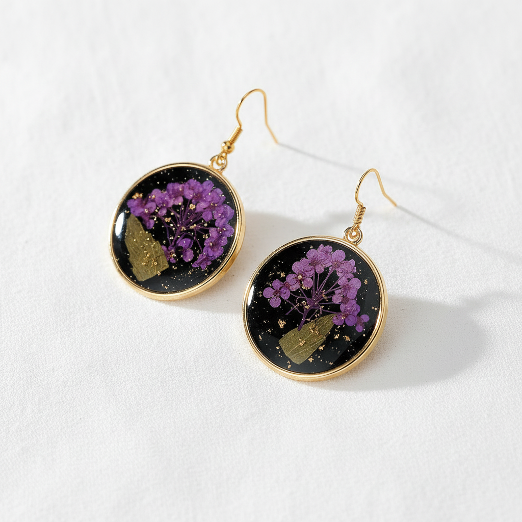 Black Round Preserved Dried Flower Drop Earrings, Botanical Earrings, Floral Jewelry, Gift for Her