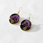 Black Round Preserved Dried Flower Drop Earrings, Botanical Earrings, Floral Jewelry, Gift for Her