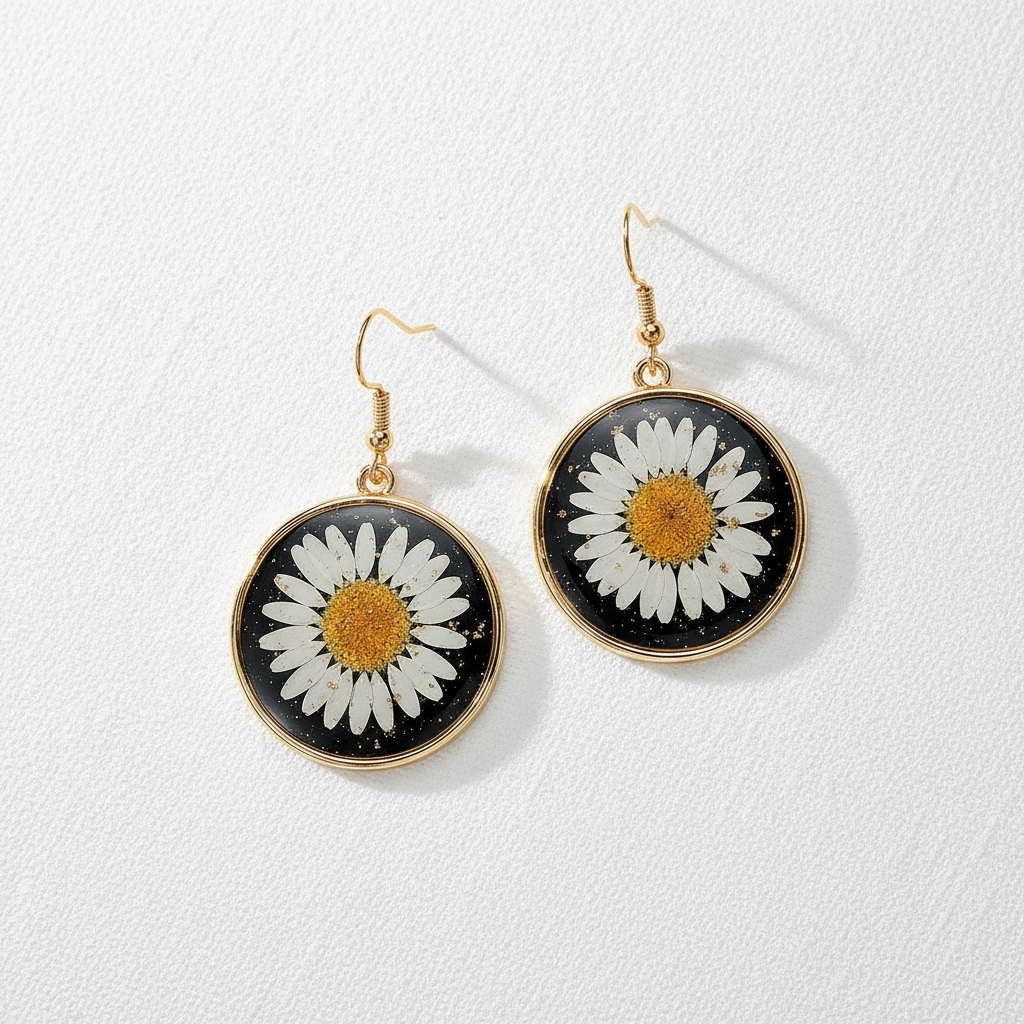 Black Round Preserved Dried Flower Drop Earrings, Botanical Earrings, Floral Jewelry, Gift for Her