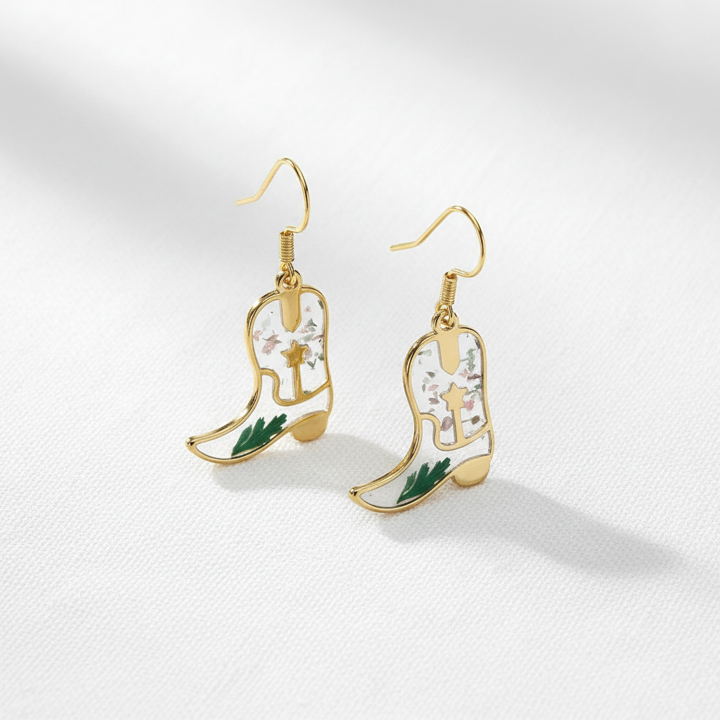 Dried Flower Cowboy Boot Dangle Earrings, Western Floral Earrings, Botanical Resin Jewelry, Cowgirl Gift for Her