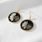 Black Round Preserved Dried Flower Drop Earrings, Botanical Earrings, Floral Jewelry, Gift for Her