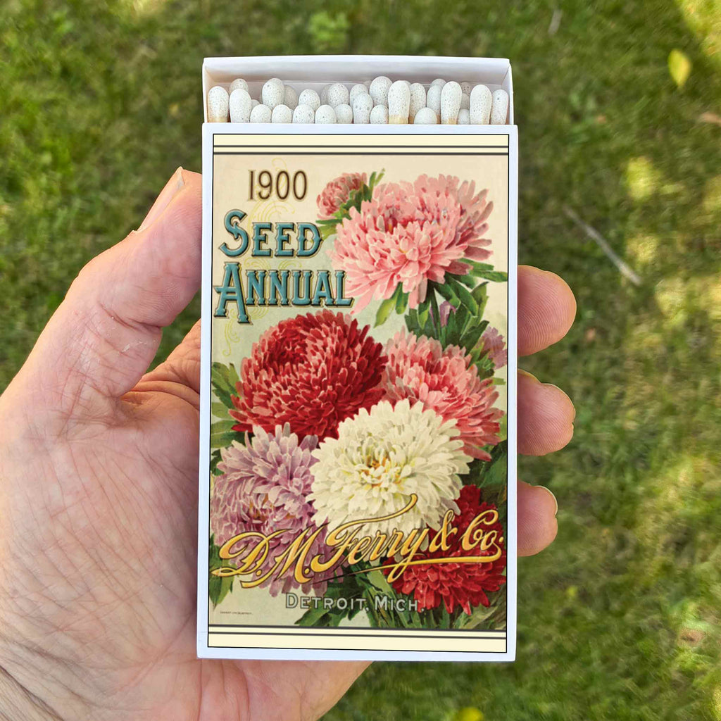 Large Vintage Flower Seed Packet Matchbox – 4-Inch Long Candle Matches, Botanical Garden Décor, Gardener Gift