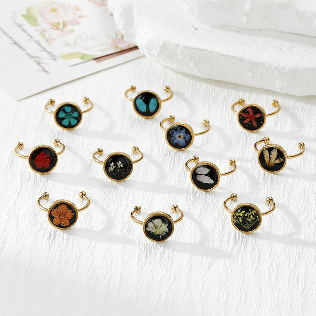 Black Dried Flower Adjustable Ring, Geometric Botanical Resin Jewelry, Nature Inspired Gift for Her