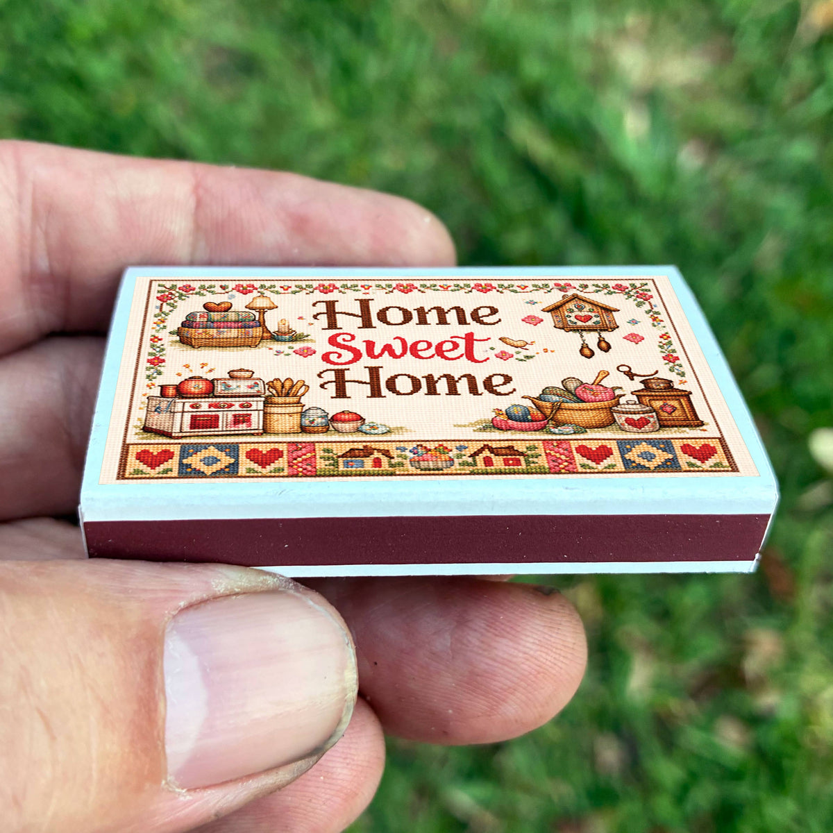 Home Sweet Home Cross-Stitch Matchbook, Rustic Cottage Decor Accessory