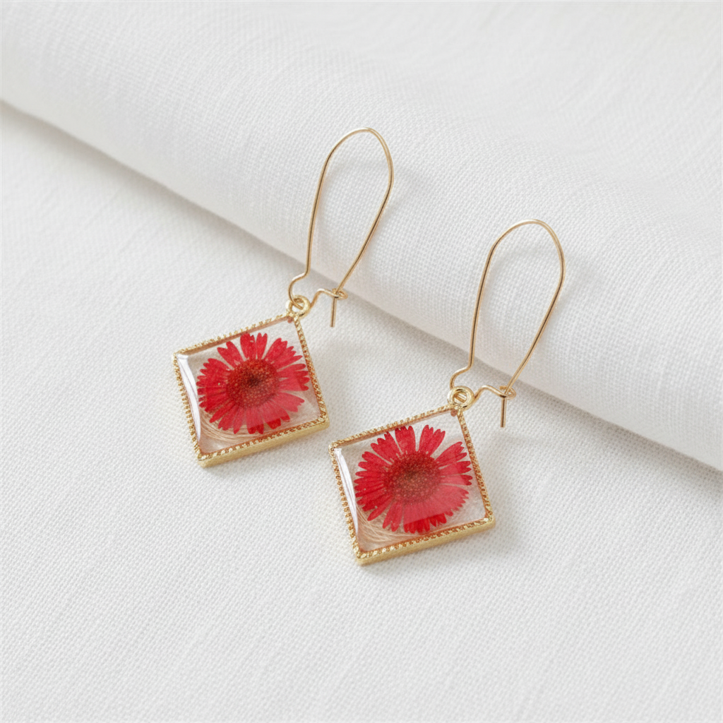 Square Dried Flower Earrings, Colorful Preserved Flower Drops, Botanical Resin Jewelry for Women