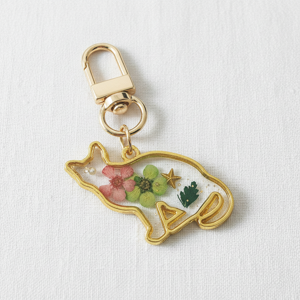 Cat Shaped Botanical Keychain, Preserved Floral Resin Charm, Nature Inspired Gift for Cat Lovers