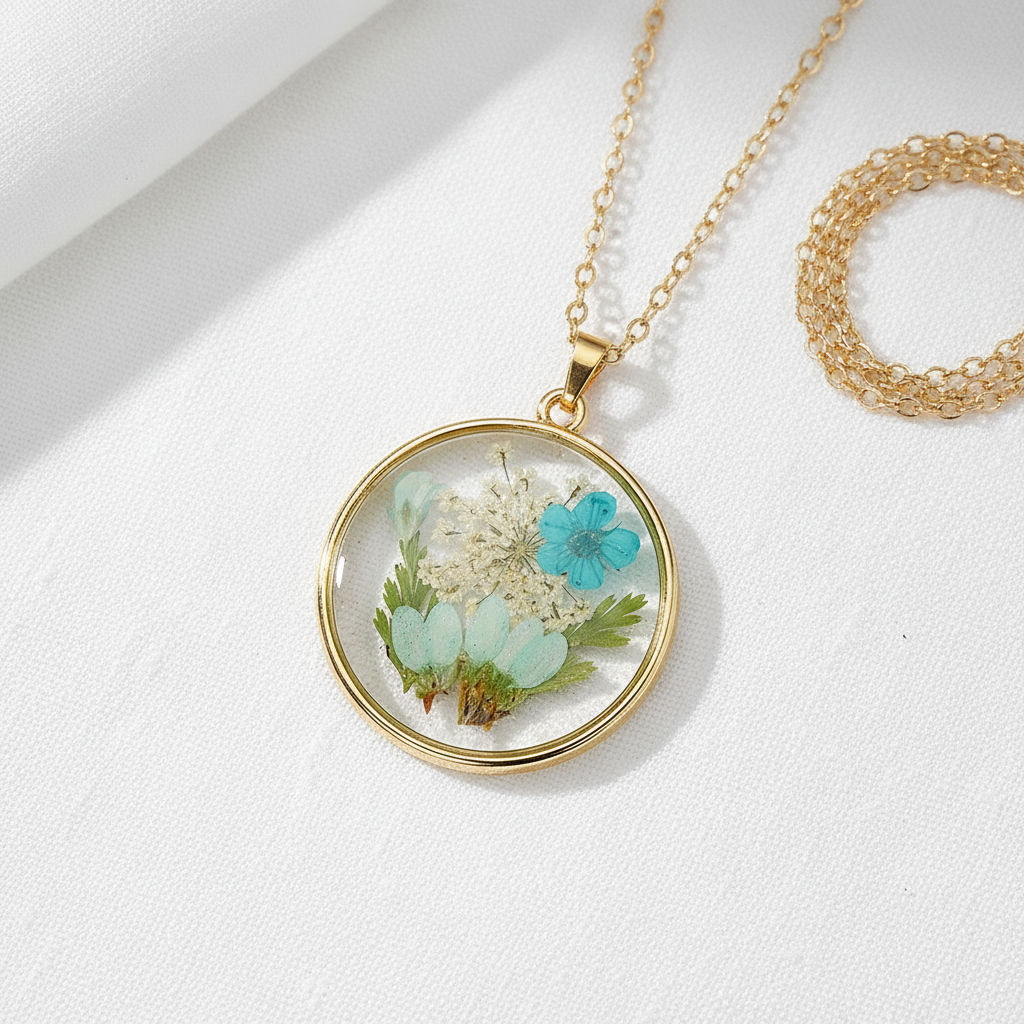 Real Dried Flower Disc Necklace, Botanical Resin Pendant Jewelry, Nature Inspired Gift for Her