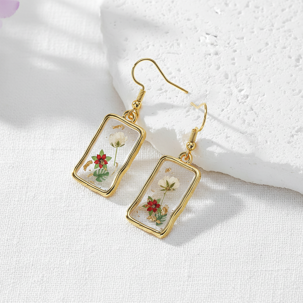 Assorted Botanical Print Geometric Rectangle Drop Earrings, Floral Dangles, Nature Inspired Gift for Her
