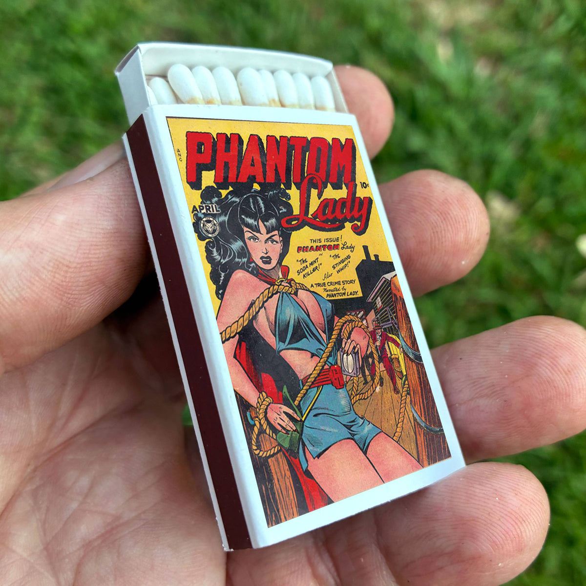 Phantom Lady Comic Matchbox – Vintage Superhero Matches, Retro Pulp Art, Comic Book Gift