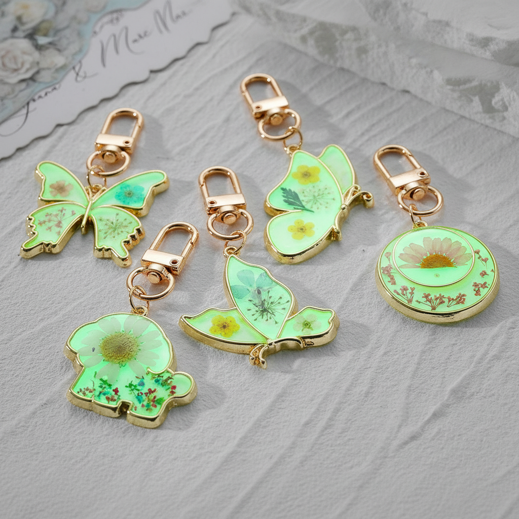 Butterfly Botanical Keychain Charm, Floral Resin Bag Accessory, Nature Inspired Gift for Her